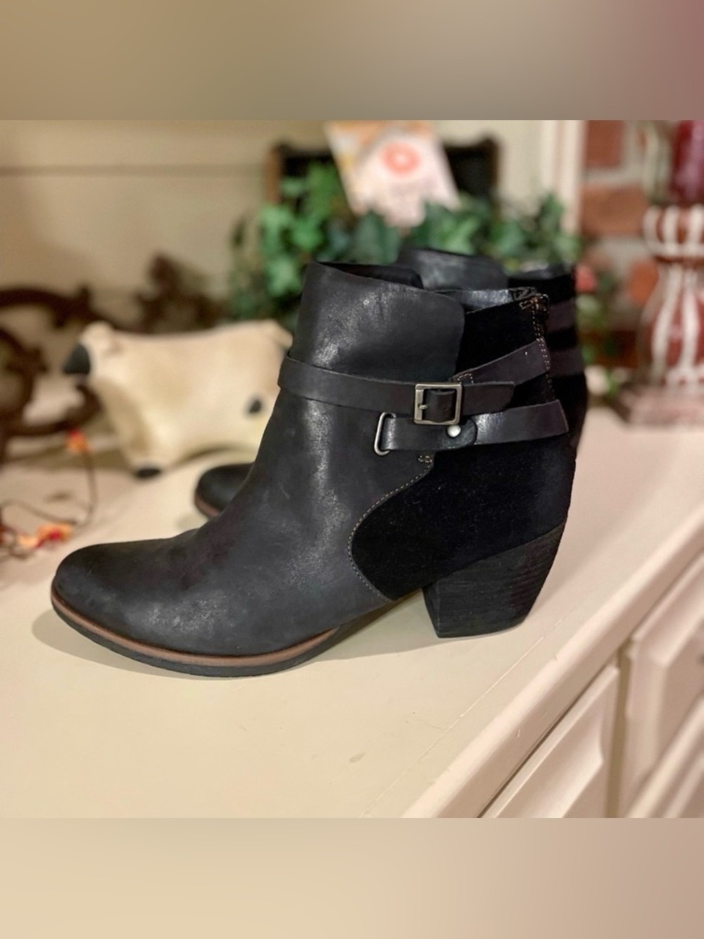 Korks Ankle Boot Contrast Suede Leather Heels Black Size 11 M Moto Grunge Goth